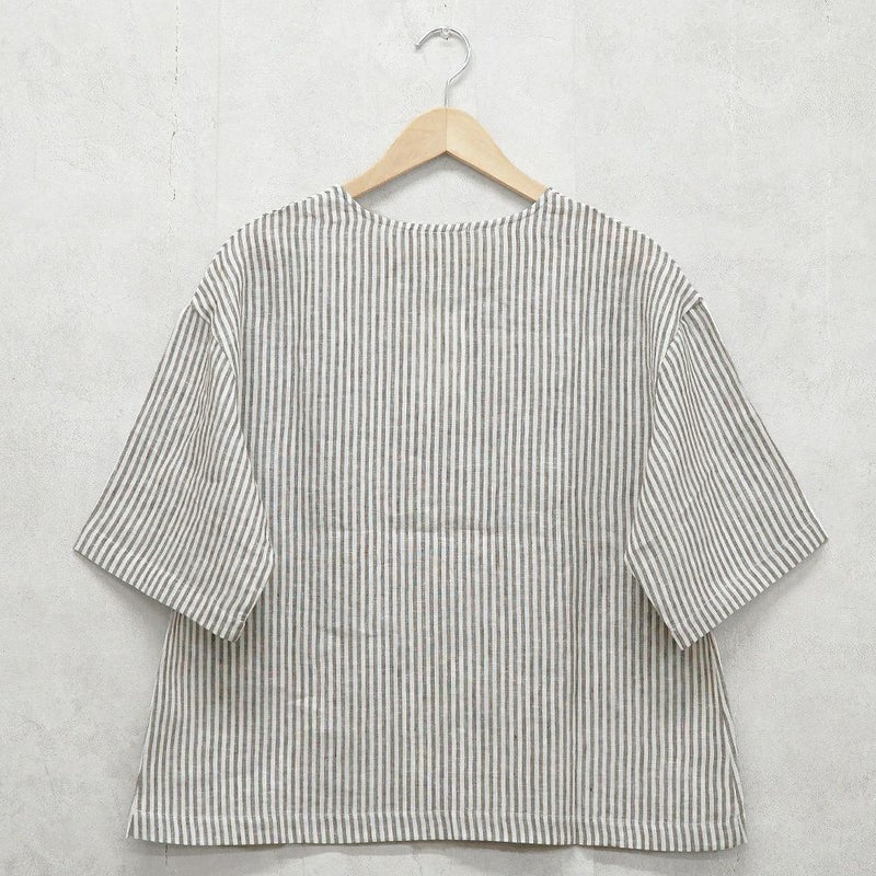 Branch m‘.,ブランチエム,ナチュラル,30代,40代,50代,60代,リネン,ゆったり,blouse,ブラウス,プルオーバー,５分袖プルオーバー,５分袖,ストライプ,ストライプブラウス,ストライプシャツ,リラックス,リラックスプルオーバー