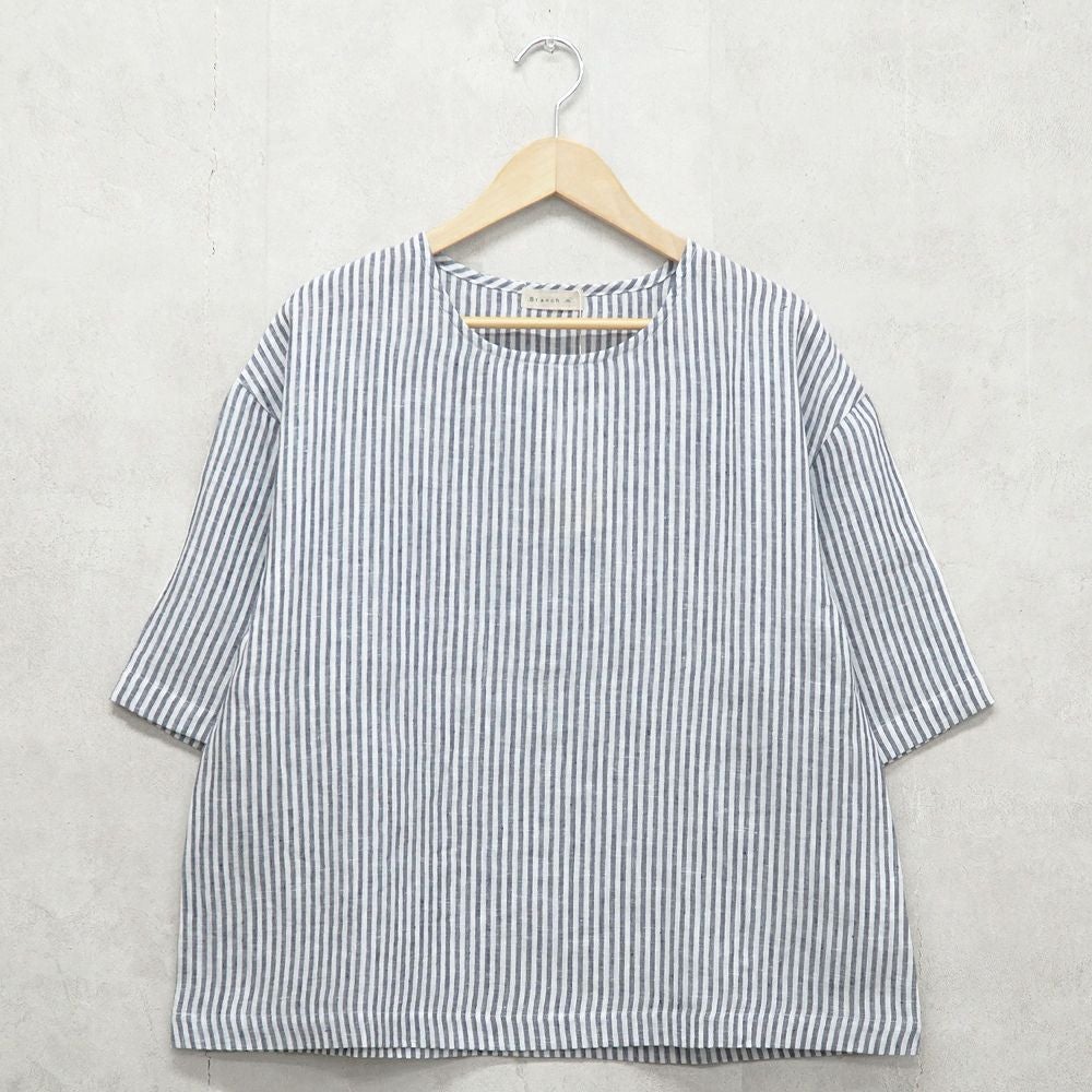 Branch m‘.,ブランチエム,ナチュラル,30代,40代,50代,60代,リネン,ゆったり,blouse,ブラウス,プルオーバー,５分袖プルオーバー,５分袖,ストライプ,ストライプブラウス,ストライプシャツ,リラックス,リラックスプルオーバー