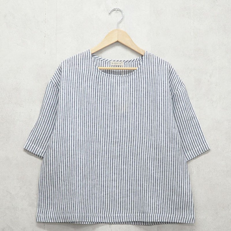 Branch m‘.,ブランチエム,ナチュラル,30代,40代,50代,60代,リネン,ゆったり,blouse,ブラウス,プルオーバー,５分袖プルオーバー,５分袖,ストライプ,ストライプブラウス,ストライプシャツ,リラックス,リラックスプルオーバー