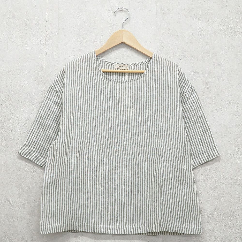 Branch m‘.,ブランチエム,ナチュラル,30代,40代,50代,60代,リネン,ゆったり,blouse,ブラウス,プルオーバー,５分袖プルオーバー,５分袖,ストライプ,ストライプブラウス,ストライプシャツ,リラックス,リラックスプルオーバー