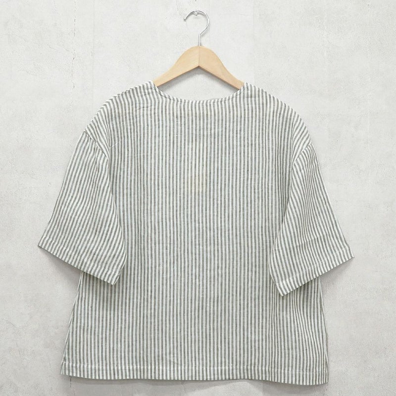 Branch m‘.,ブランチエム,ナチュラル,30代,40代,50代,60代,リネン,ゆったり,blouse,ブラウス,プルオーバー,５分袖プルオーバー,５分袖,ストライプ,ストライプブラウス,ストライプシャツ,リラックス,リラックスプルオーバー