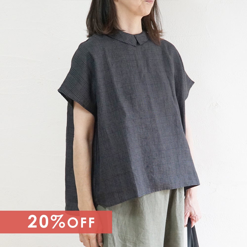 Branch m‘.,ブランチエム,ナチュラル,30代,40代,50代,60代,リネン,ゆったり,blouse,ブラウス,半袖,チェック,チェック柄,チェック柄ブラウス,リネンブラウス,フレンチスリーブ,チビ衿,ストライプ