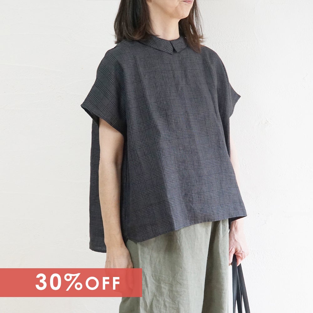 Branch m‘.,ブランチエム,ナチュラル,30代,40代,50代,60代,リネン,ゆったり,blouse,ブラウス,半袖,チェック,チェック柄,チェック柄ブラウス,リネンブラウス,フレンチスリーブ,チビ衿,ストライプ