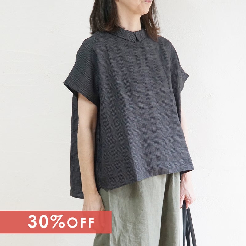 Branch m‘.,ブランチエム,ナチュラル,30代,40代,50代,60代,リネン,ゆったり,blouse,ブラウス,半袖,チェック,チェック柄,チェック柄ブラウス,リネンブラウス,フレンチスリーブ,チビ衿,ストライプ