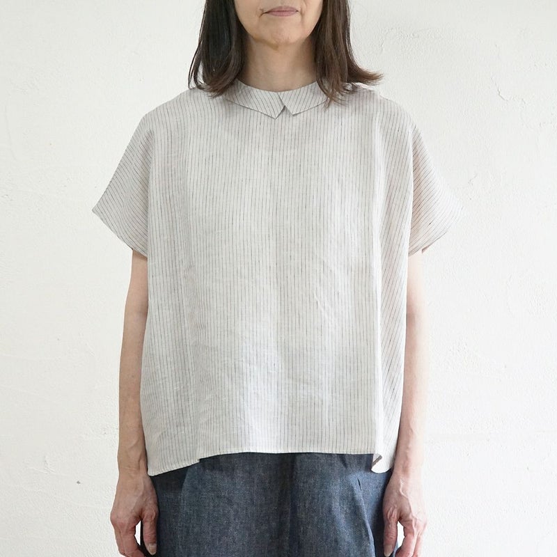 Branch m‘.,ブランチエム,ナチュラル,30代,40代,50代,60代,リネン,ゆったり,blouse,ブラウス,半袖,チェック,チェック柄,チェック柄ブラウス,リネンブラウス,フレンチスリーブ,チビ衿,ストライプ
