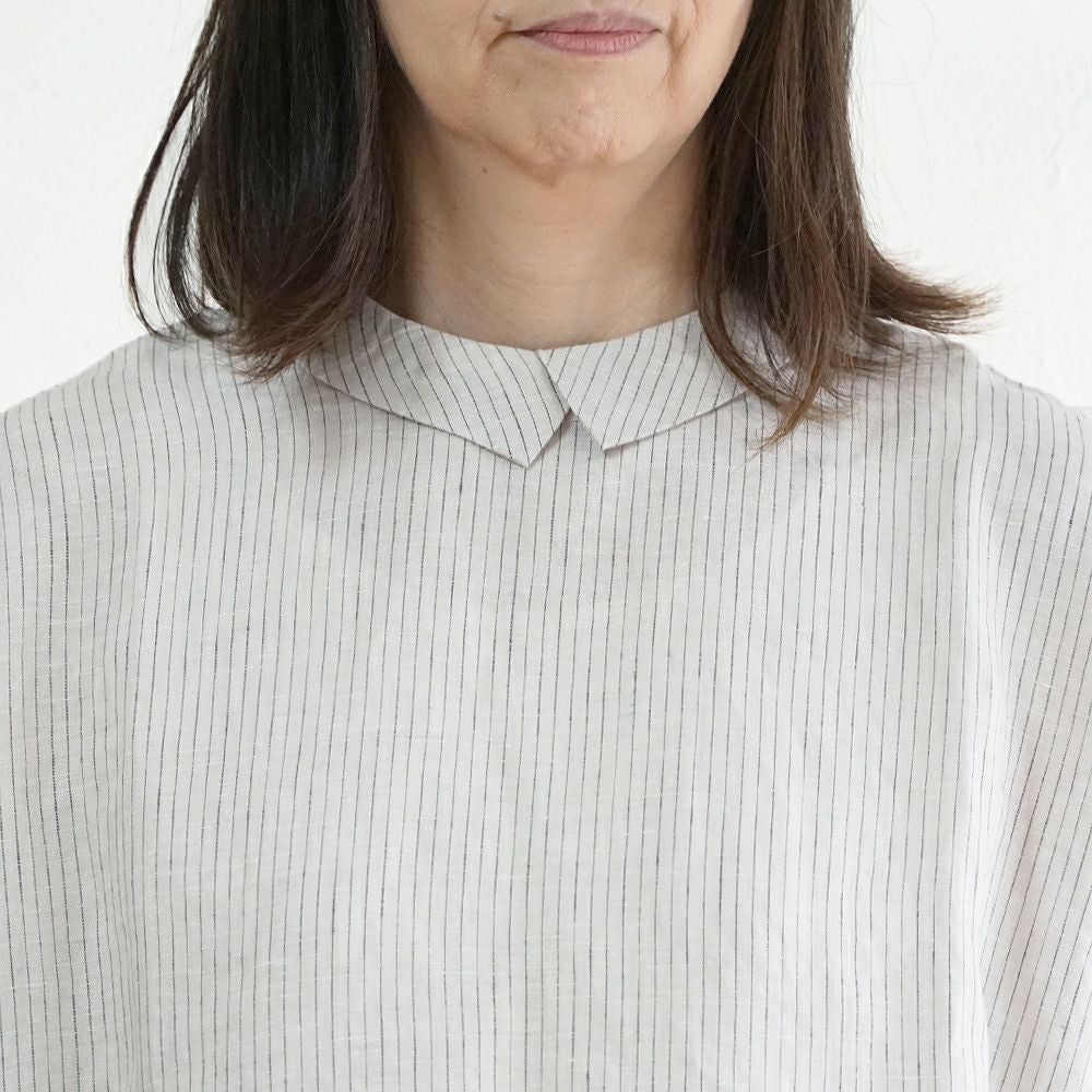 Branch m‘.,ブランチエム,ナチュラル,30代,40代,50代,60代,リネン,ゆったり,blouse,ブラウス,半袖,チェック,チェック柄,チェック柄ブラウス,リネンブラウス,フレンチスリーブ,チビ衿,ストライプ