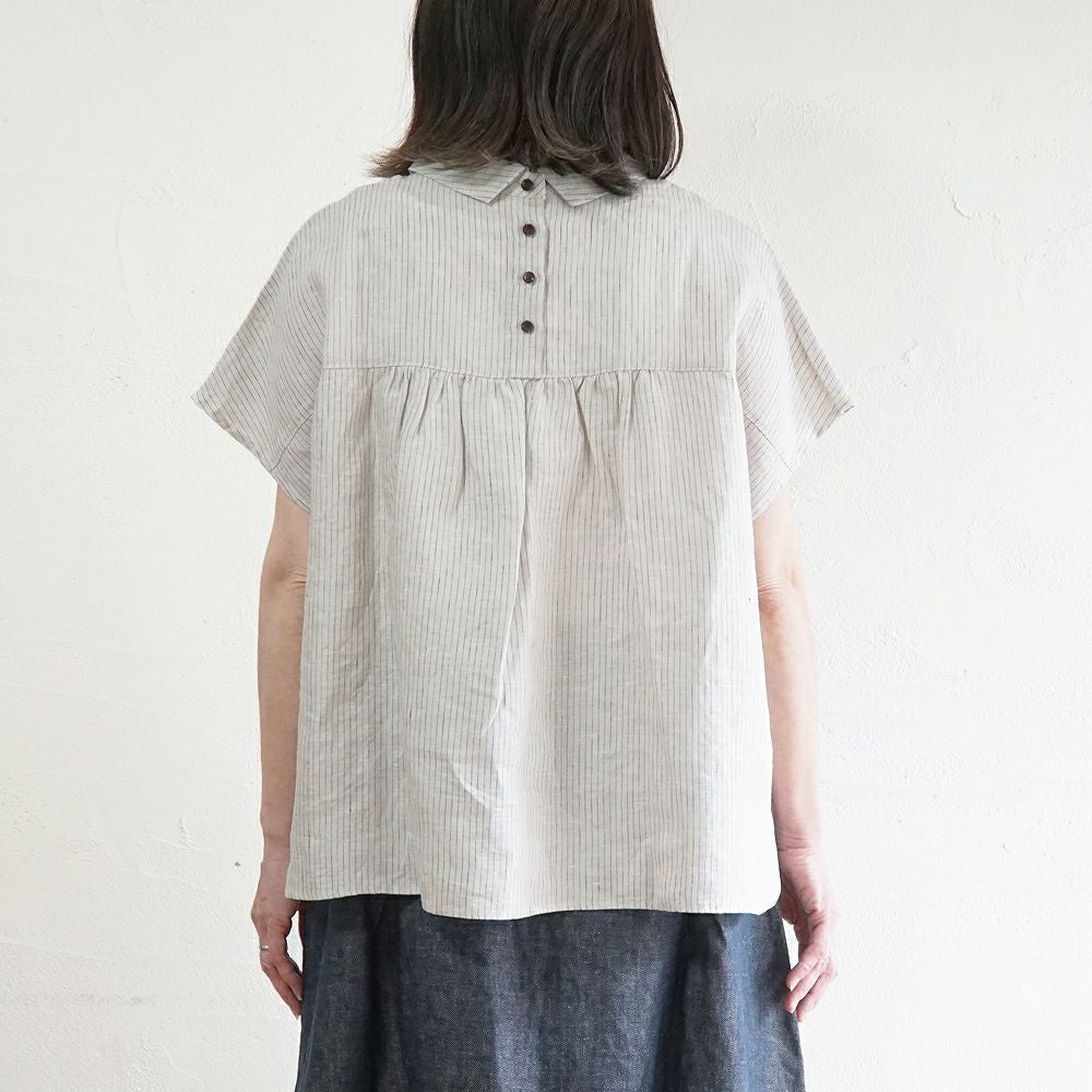 Branch m‘.,ブランチエム,ナチュラル,30代,40代,50代,60代,リネン,ゆったり,blouse,ブラウス,半袖,チェック,チェック柄,チェック柄ブラウス,リネンブラウス,フレンチスリーブ,チビ衿,ストライプ