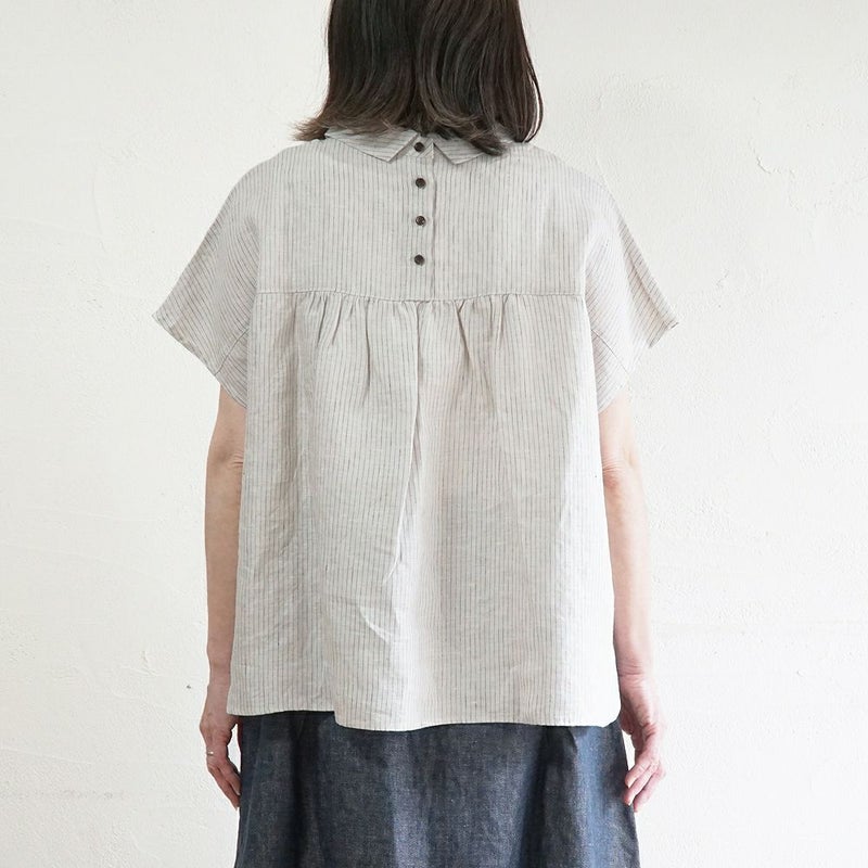 Branch m‘.,ブランチエム,ナチュラル,30代,40代,50代,60代,リネン,ゆったり,blouse,ブラウス,半袖,チェック,チェック柄,チェック柄ブラウス,リネンブラウス,フレンチスリーブ,チビ衿,ストライプ