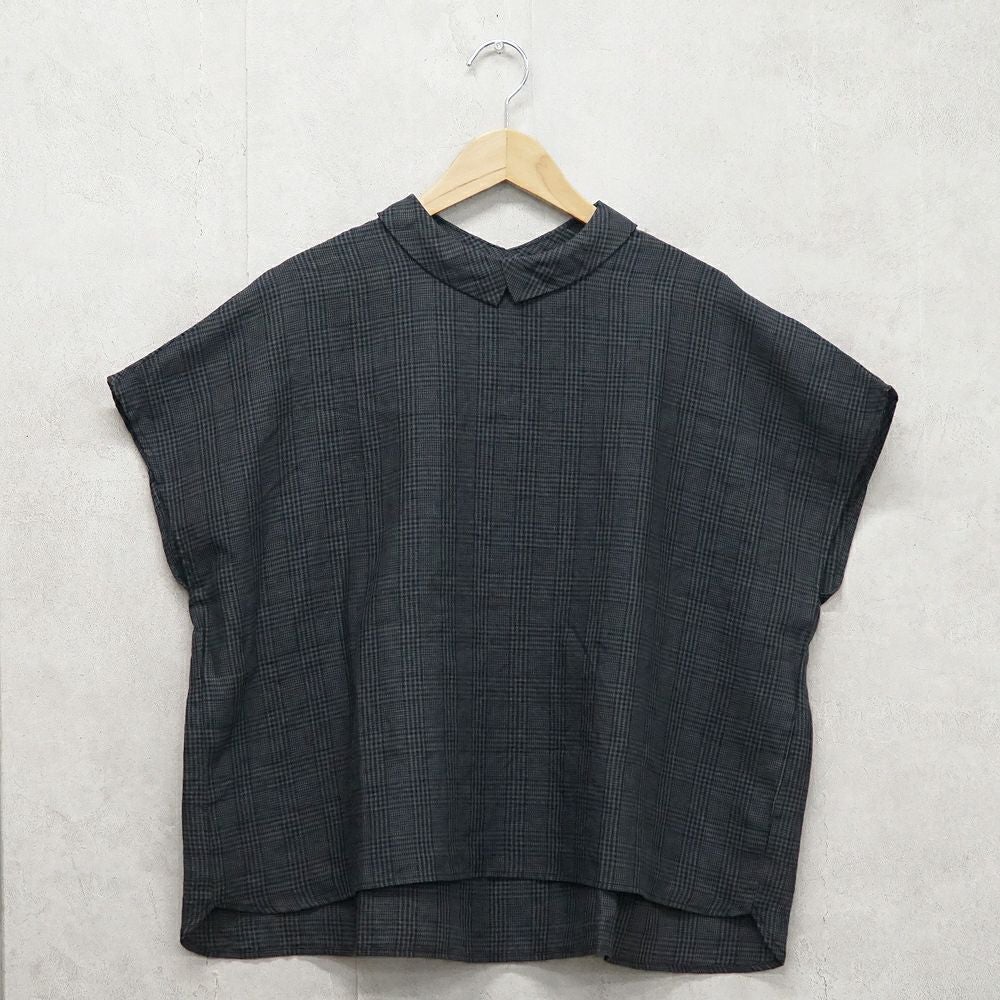 Branch m‘.,ブランチエム,ナチュラル,30代,40代,50代,60代,リネン,ゆったり,blouse,ブラウス,半袖,チェック,チェック柄,チェック柄ブラウス,リネンブラウス,フレンチスリーブ,チビ衿,ストライプ