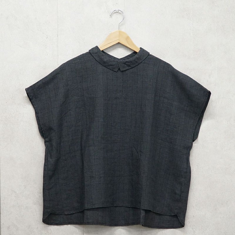 Branch m‘.,ブランチエム,ナチュラル,30代,40代,50代,60代,リネン,ゆったり,blouse,ブラウス,半袖,チェック,チェック柄,チェック柄ブラウス,リネンブラウス,フレンチスリーブ,チビ衿,ストライプ