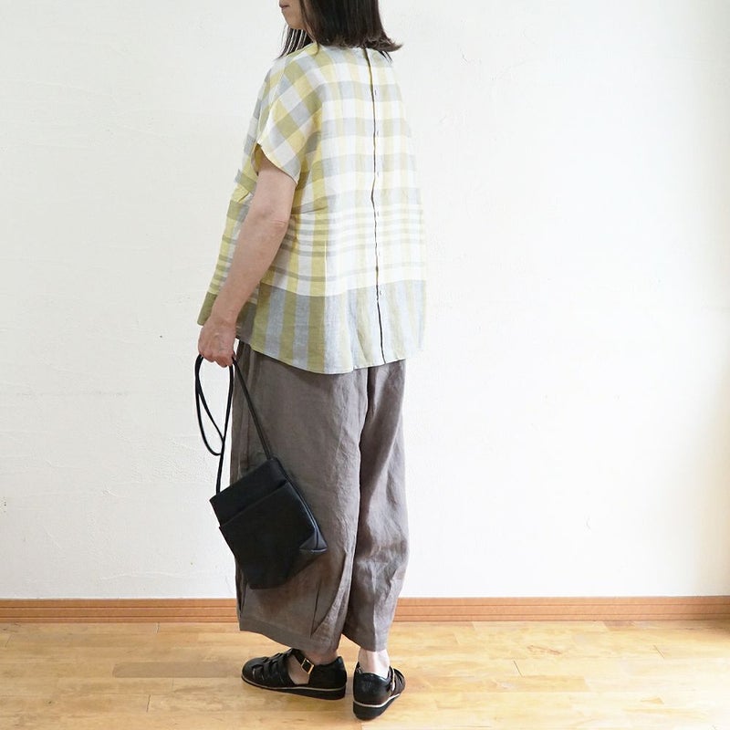 Branch m‘.,ブランチエム,ナチュラル,30代,40代,50代,60代,リネン,ゆったり,blouse,ブラウス,半袖,チェック,チェック柄,チェック柄ブラウス,リネンブラウス,フレンチスリーブ,パネルチェック,パネルチェックブラウス,プルオーバーブラウス,プルオーバー