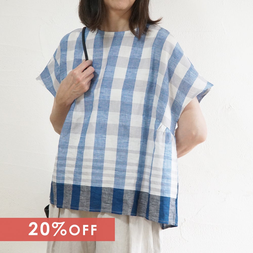 Branch m‘.,ブランチエム,ナチュラル,30代,40代,50代,60代,リネン,ゆったり,blouse,ブラウス,半袖,チェック,チェック柄,チェック柄ブラウス,リネンブラウス,フレンチスリーブ,パネルチェック,パネルチェックブラウス,プルオーバーブラウス,プルオーバー