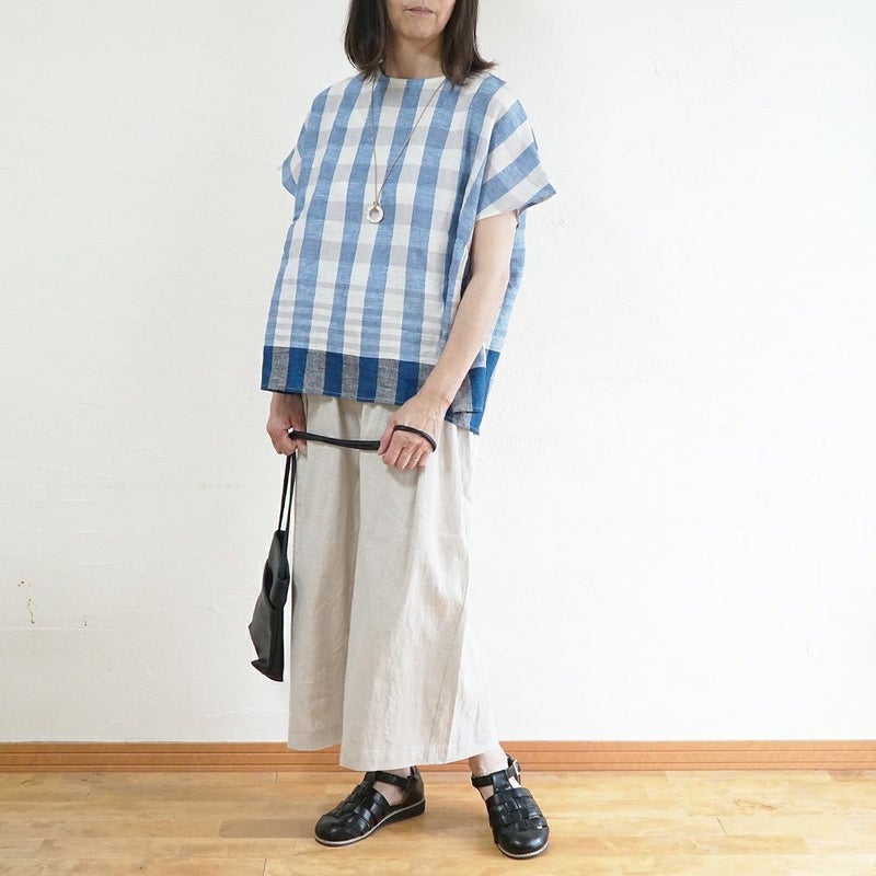 Branch m‘.,ブランチエム,ナチュラル,30代,40代,50代,60代,リネン,ゆったり,blouse,ブラウス,半袖,チェック,チェック柄,チェック柄ブラウス,リネンブラウス,フレンチスリーブ,パネルチェック,パネルチェックブラウス,プルオーバーブラウス,プルオーバー