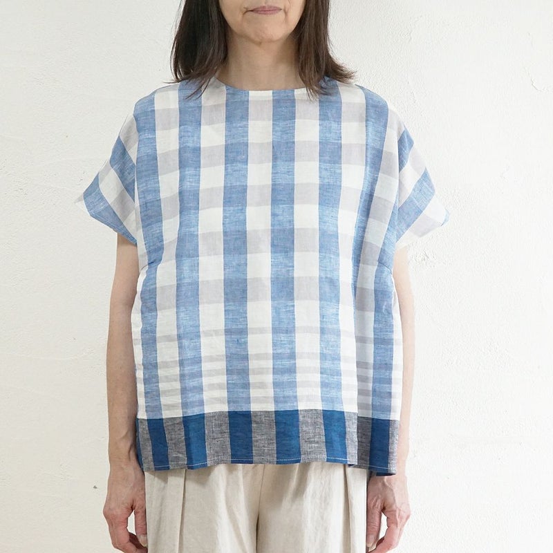 Branch m‘.,ブランチエム,ナチュラル,30代,40代,50代,60代,リネン,ゆったり,blouse,ブラウス,半袖,チェック,チェック柄,チェック柄ブラウス,リネンブラウス,フレンチスリーブ,パネルチェック,パネルチェックブラウス,プルオーバーブラウス,プルオーバー