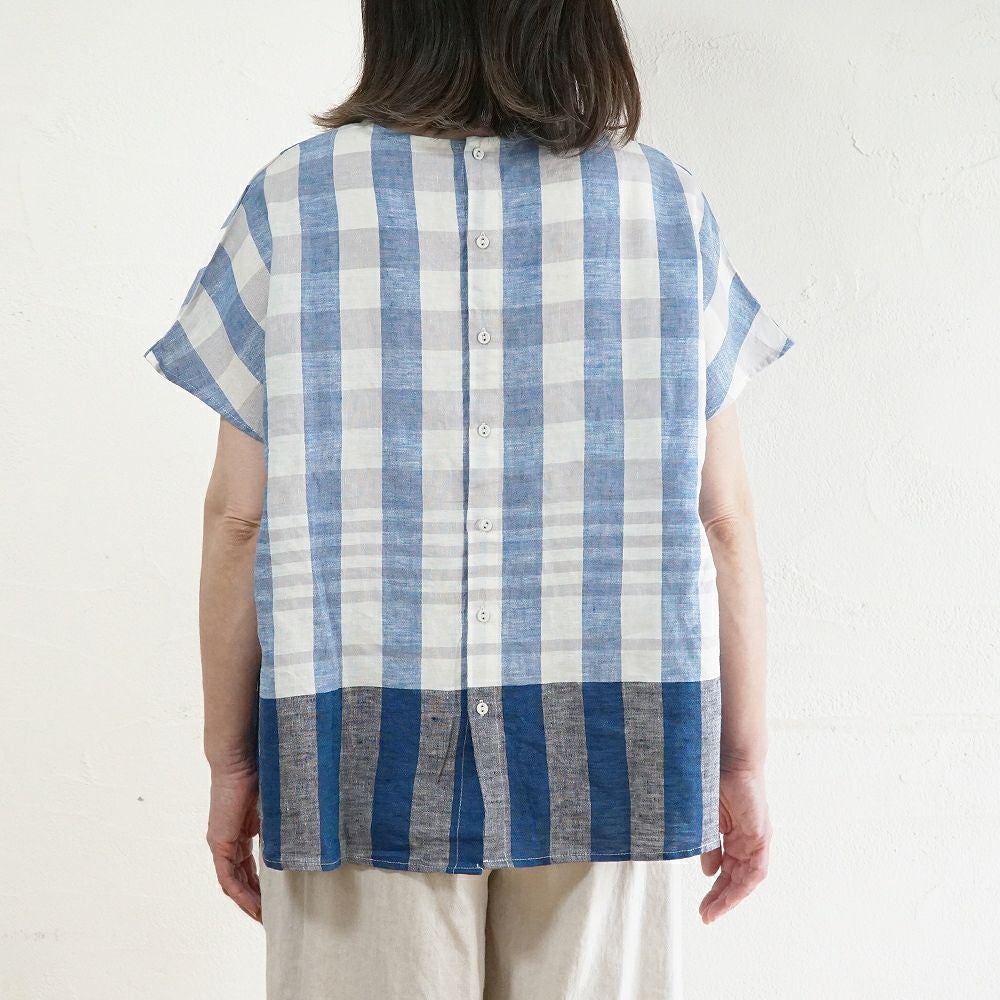 Branch m‘.,ブランチエム,ナチュラル,30代,40代,50代,60代,リネン,ゆったり,blouse,ブラウス,半袖,チェック,チェック柄,チェック柄ブラウス,リネンブラウス,フレンチスリーブ,パネルチェック,パネルチェックブラウス,プルオーバーブラウス,プルオーバー