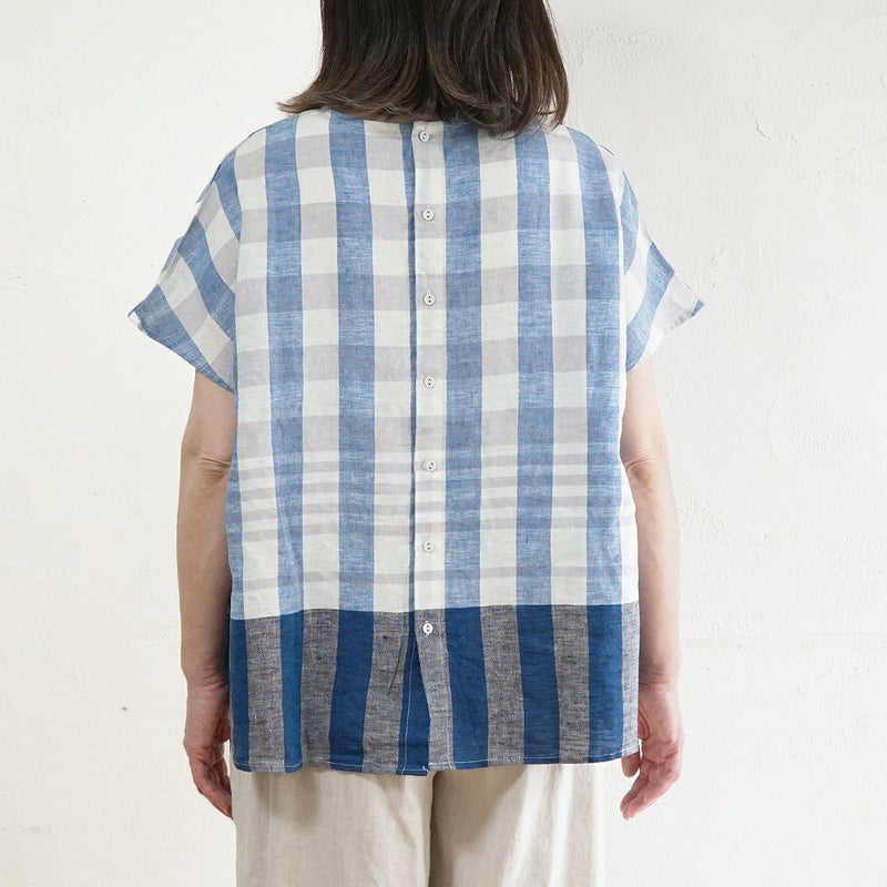 Branch m‘.,ブランチエム,ナチュラル,30代,40代,50代,60代,リネン,ゆったり,blouse,ブラウス,半袖,チェック,チェック柄,チェック柄ブラウス,リネンブラウス,フレンチスリーブ,パネルチェック,パネルチェックブラウス,プルオーバーブラウス,プルオーバー