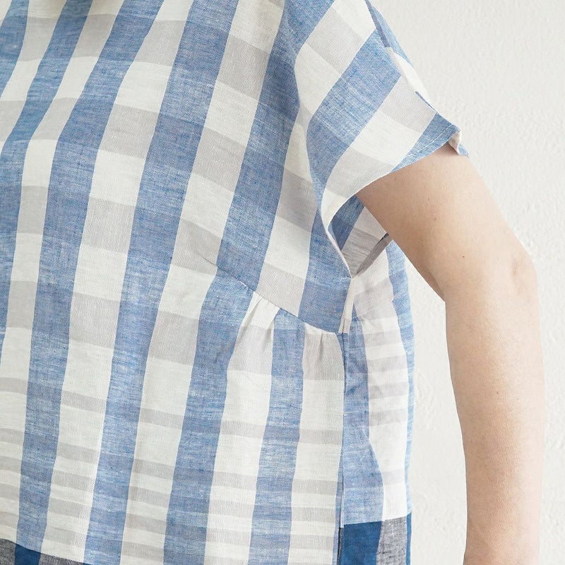 Branch m‘.,ブランチエム,ナチュラル,30代,40代,50代,60代,リネン,ゆったり,blouse,ブラウス,半袖,チェック,チェック柄,チェック柄ブラウス,リネンブラウス,フレンチスリーブ,パネルチェック,パネルチェックブラウス,プルオーバーブラウス,プルオーバー