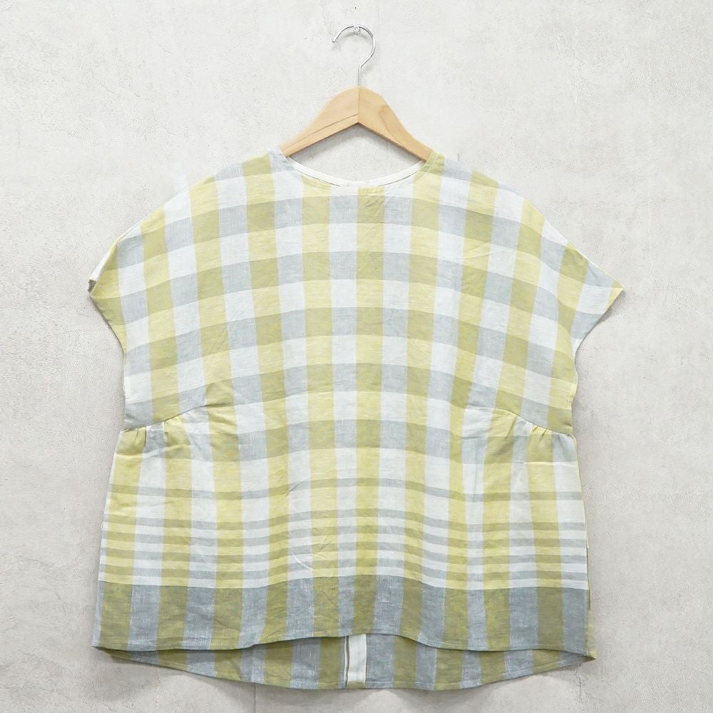 Branch m‘.,ブランチエム,ナチュラル,30代,40代,50代,60代,リネン,ゆったり,blouse,ブラウス,半袖,チェック,チェック柄,チェック柄ブラウス,リネンブラウス,フレンチスリーブ,パネルチェック,パネルチェックブラウス,プルオーバーブラウス,プルオーバー