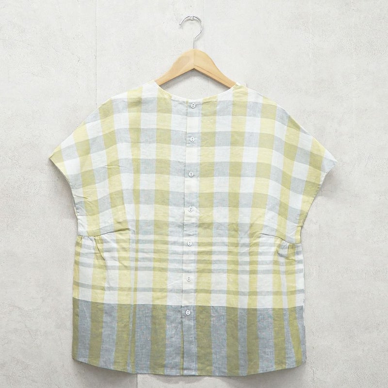 Branch m‘.,ブランチエム,ナチュラル,30代,40代,50代,60代,リネン,ゆったり,blouse,ブラウス,半袖,チェック,チェック柄,チェック柄ブラウス,リネンブラウス,フレンチスリーブ,パネルチェック,パネルチェックブラウス,プルオーバーブラウス,プルオーバー