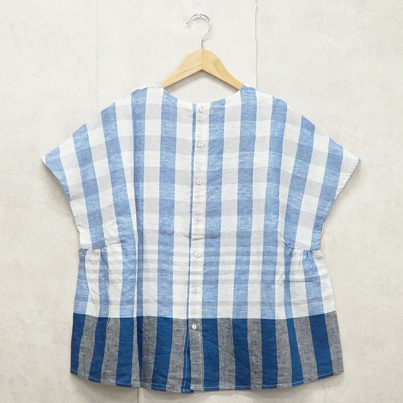 Branch m‘.,ブランチエム,ナチュラル,30代,40代,50代,60代,リネン,ゆったり,blouse,ブラウス,半袖,チェック,チェック柄,チェック柄ブラウス,リネンブラウス,フレンチスリーブ,パネルチェック,パネルチェックブラウス,プルオーバーブラウス,プルオーバー