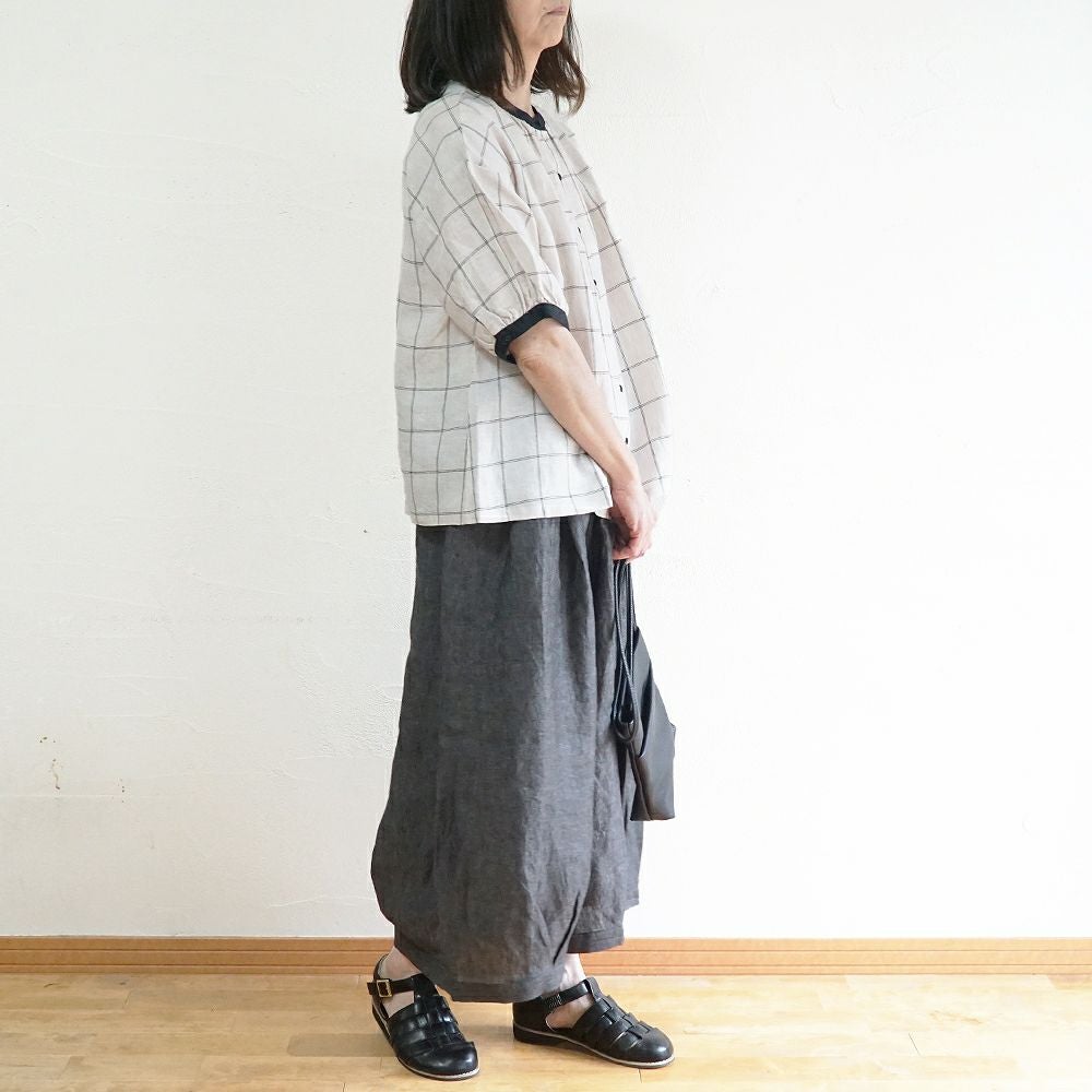 Branch m‘.,ブランチエム,ナチュラル,30代,40代,50代,60代,リネン,ゆったり,blouse,ブラウス,半袖,チェック,チェック柄,チェック柄ブラウス,リネンブラウス,フレンチスリーブ,配色ブラウス