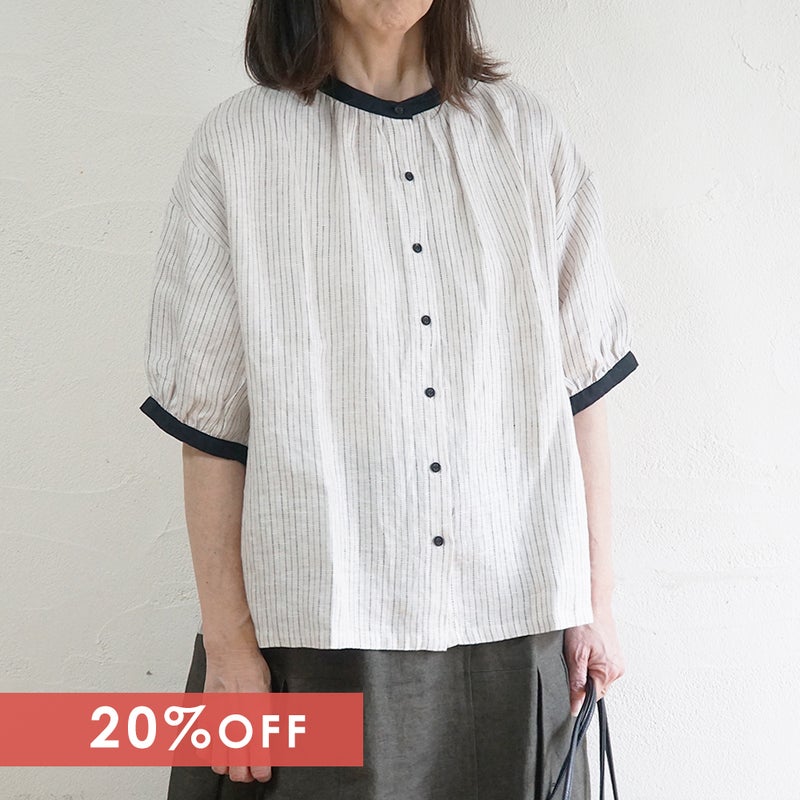 Branch m‘.,ブランチエム,ナチュラル,30代,40代,50代,60代,リネン,ゆったり,blouse,ブラウス,半袖,チェック,チェック柄,チェック柄ブラウス,リネンブラウス,フレンチスリーブ,配色ブラウス