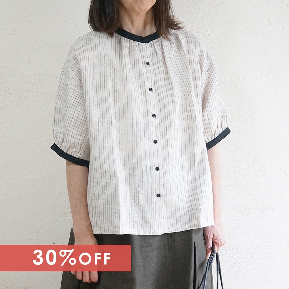 Branch m‘.,ブランチエム,ナチュラル,30代,40代,50代,60代,リネン,ゆったり,blouse,ブラウス,半袖,チェック,チェック柄,チェック柄ブラウス,リネンブラウス,フレンチスリーブ,配色ブラウス