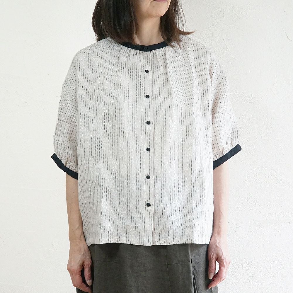Branch m‘.,ブランチエム,ナチュラル,30代,40代,50代,60代,リネン,ゆったり,blouse,ブラウス,半袖,チェック,チェック柄,チェック柄ブラウス,リネンブラウス,フレンチスリーブ,配色ブラウス
