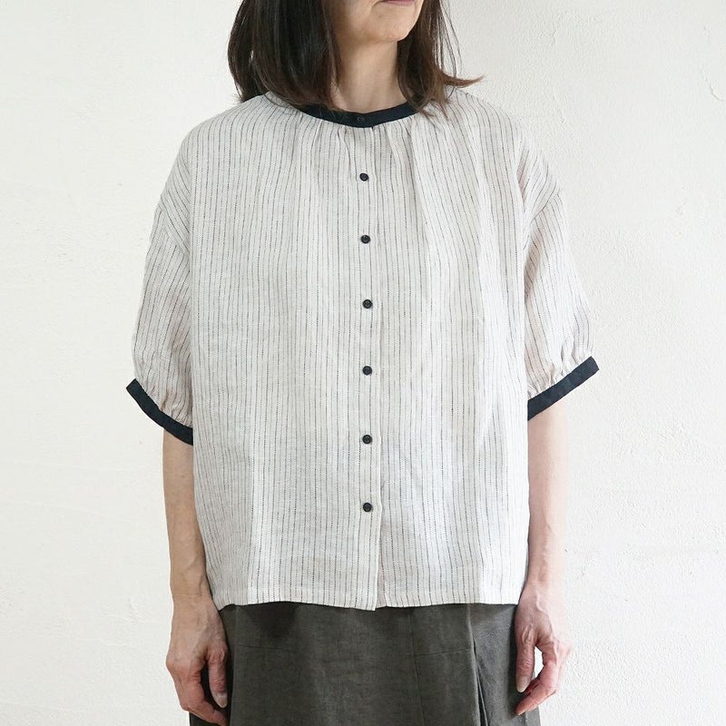 Branch m‘.,ブランチエム,ナチュラル,30代,40代,50代,60代,リネン,ゆったり,blouse,ブラウス,半袖,チェック,チェック柄,チェック柄ブラウス,リネンブラウス,フレンチスリーブ,配色ブラウス