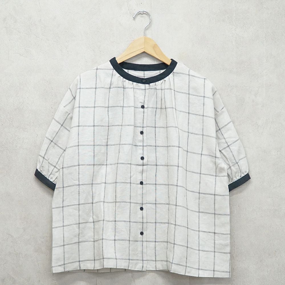 Branch m‘.,ブランチエム,ナチュラル,30代,40代,50代,60代,リネン,ゆったり,blouse,ブラウス,半袖,チェック,チェック柄,チェック柄ブラウス,リネンブラウス,フレンチスリーブ,配色ブラウス