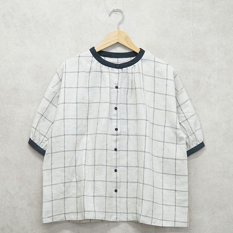 Branch m‘.,ブランチエム,ナチュラル,30代,40代,50代,60代,リネン,ゆったり,blouse,ブラウス,半袖,チェック,チェック柄,チェック柄ブラウス,リネンブラウス,フレンチスリーブ,配色ブラウス
