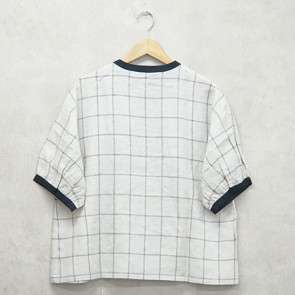 Branch m‘.,ブランチエム,ナチュラル,30代,40代,50代,60代,リネン,ゆったり,blouse,ブラウス,半袖,チェック,チェック柄,チェック柄ブラウス,リネンブラウス,フレンチスリーブ,配色ブラウス