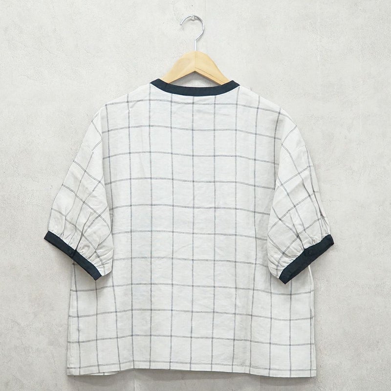 Branch m‘.,ブランチエム,ナチュラル,30代,40代,50代,60代,リネン,ゆったり,blouse,ブラウス,半袖,チェック,チェック柄,チェック柄ブラウス,リネンブラウス,フレンチスリーブ,配色ブラウス