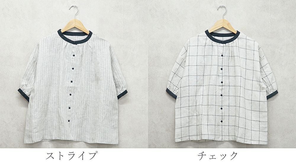 Branch m‘.,ブランチエム,ナチュラル,30代,40代,50代,60代,リネン,ゆったり,blouse,ブラウス,半袖,チェック,チェック柄,チェック柄ブラウス,リネンブラウス,フレンチスリーブ,配色ブラウス