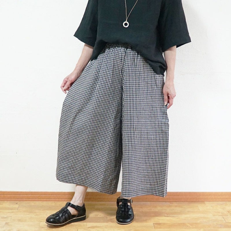 Branch m‘.,ブランチエム,ナチュラル,30代,40代,50代,60代,リネン,ゆったり,パンツ,リネンパンツ,ワイドパンツ,ギャザーパンツ,花柄パンツ,花柄,チェック,ギンガムチェック,チェックパンツ,スカパン 