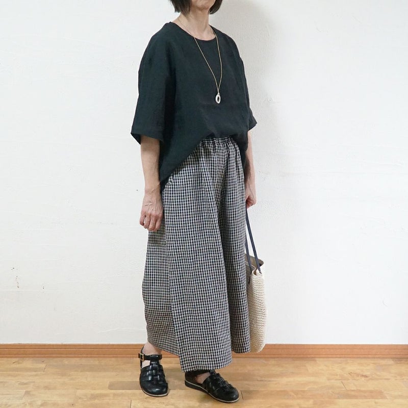 Branch m‘.,ブランチエム,ナチュラル,30代,40代,50代,60代,リネン,ゆったり,パンツ,リネンパンツ,ワイドパンツ,ギャザーパンツ,花柄パンツ,花柄,チェック,ギンガムチェック,チェックパンツ,スカパン 