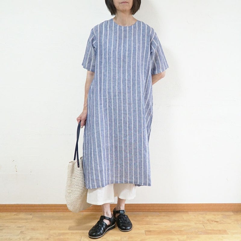 Branch m‘.,ブランチエム,ナチュラル,30代,40代,50代,60代,リネン,ゆったり,ワンピース,リネンワンピース,５分袖ワンピース,5分袖,ストライプ,ストライプワンピース