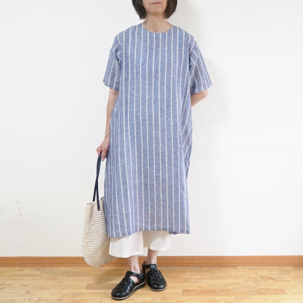 Branch m‘.,ブランチエム,ナチュラル,30代,40代,50代,60代,リネン,ゆったり,ワンピース,リネンワンピース,５分袖ワンピース,5分袖,ストライプ,ストライプワンピース