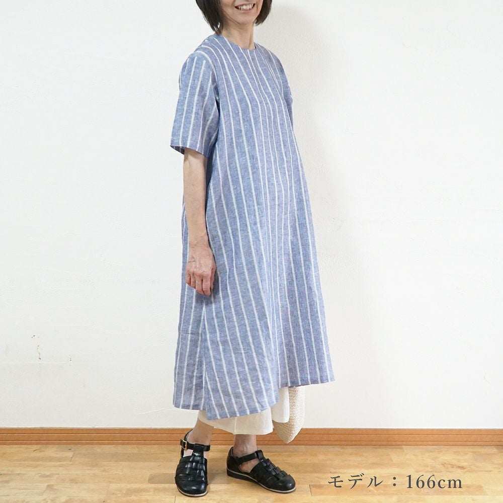 Branch m‘.,ブランチエム,ナチュラル,30代,40代,50代,60代,リネン,ゆったり,ワンピース,リネンワンピース,５分袖ワンピース,5分袖,ストライプ,ストライプワンピース