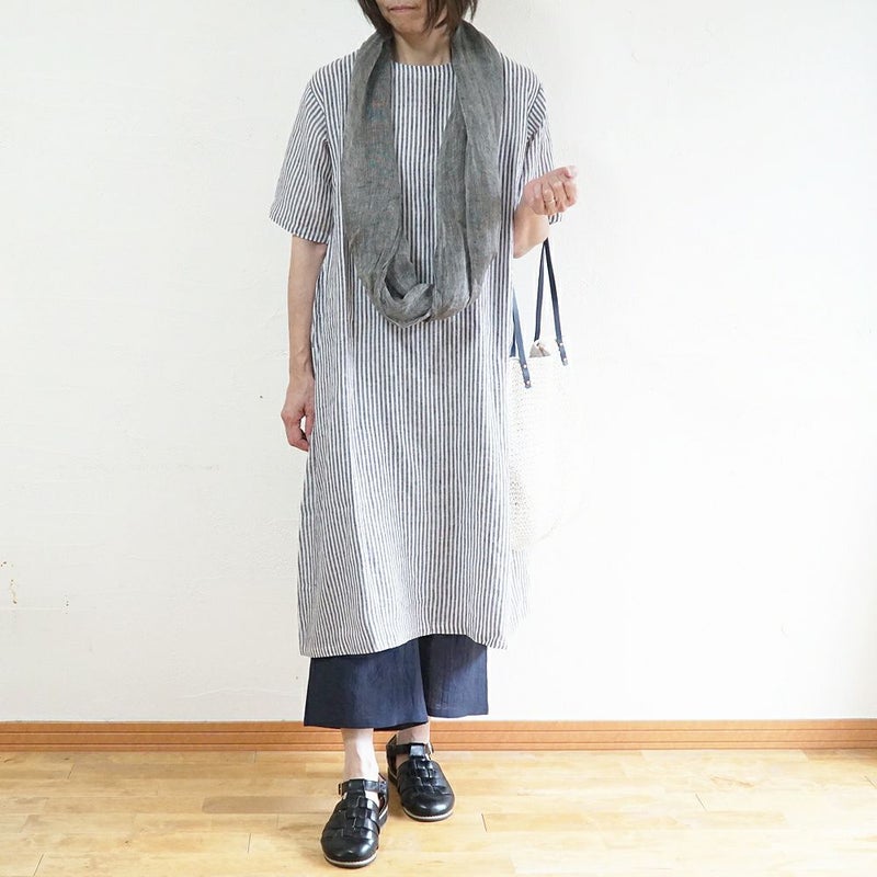 Branch m‘.,ブランチエム,ナチュラル,30代,40代,50代,60代,リネン,ゆったり,ワンピース,リネンワンピース,５分袖ワンピース,5分袖,ストライプ,ストライプワンピース