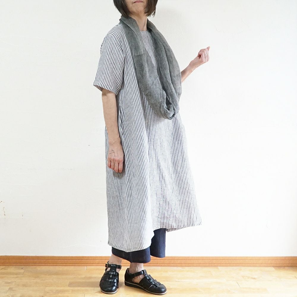 Branch m‘.,ブランチエム,ナチュラル,30代,40代,50代,60代,リネン,ゆったり,ワンピース,リネンワンピース,５分袖ワンピース,5分袖,ストライプ,ストライプワンピース