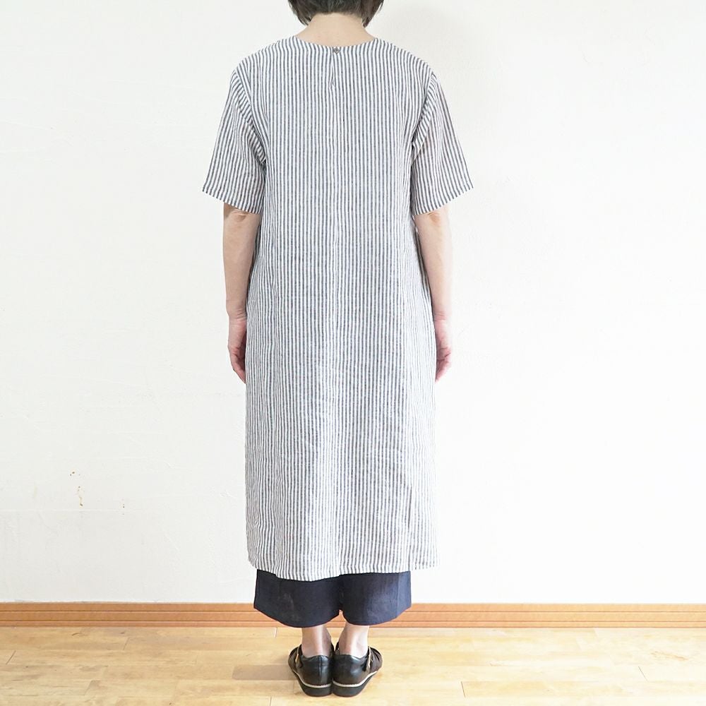 Branch m‘.,ブランチエム,ナチュラル,30代,40代,50代,60代,リネン,ゆったり,ワンピース,リネンワンピース,５分袖ワンピース,5分袖,ストライプ,ストライプワンピース