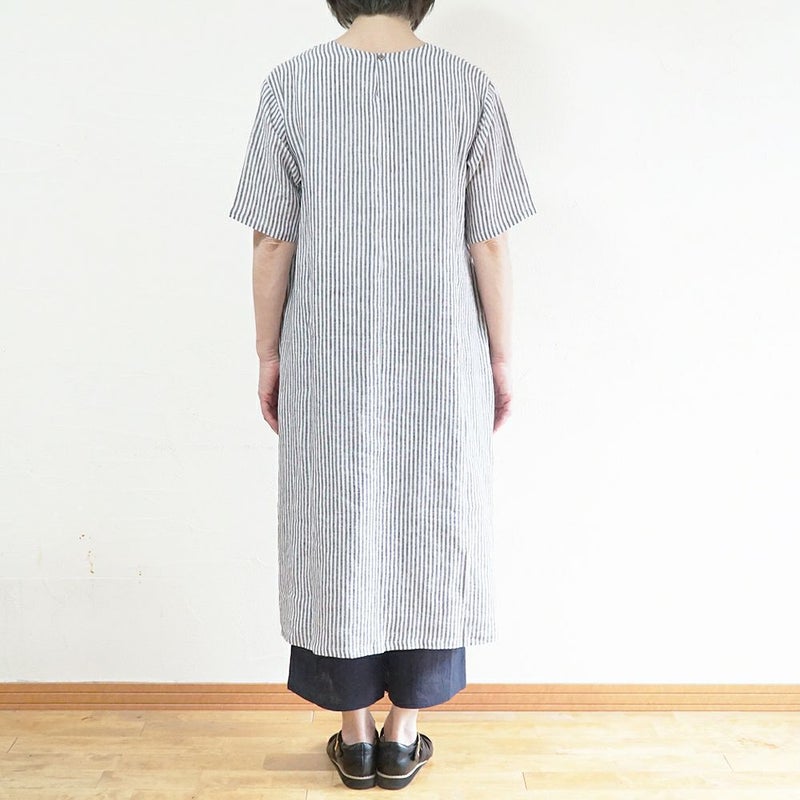 Branch m‘.,ブランチエム,ナチュラル,30代,40代,50代,60代,リネン,ゆったり,ワンピース,リネンワンピース,５分袖ワンピース,5分袖,ストライプ,ストライプワンピース