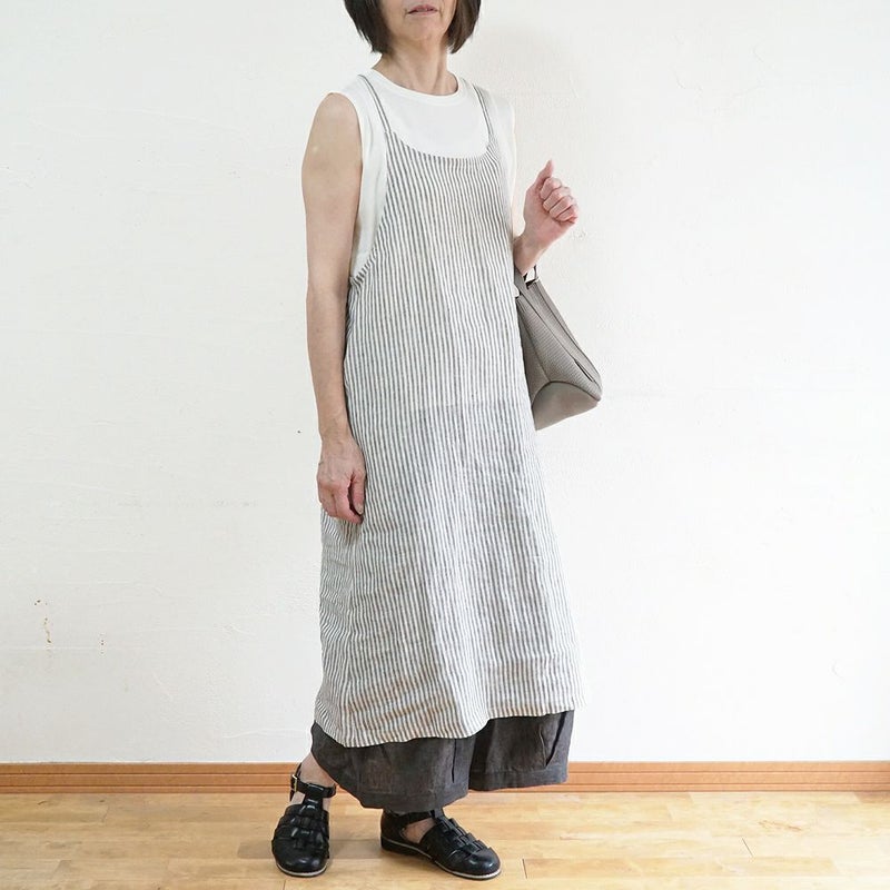 Branch m‘.,ブランチエム,ナチュラル,30代,40代,50代,60代,リネン,ゆったり,ワンピース,リネンワンピース,ストライプワンピース,ストライプ,キャミソールワンピース,キャミワンピ