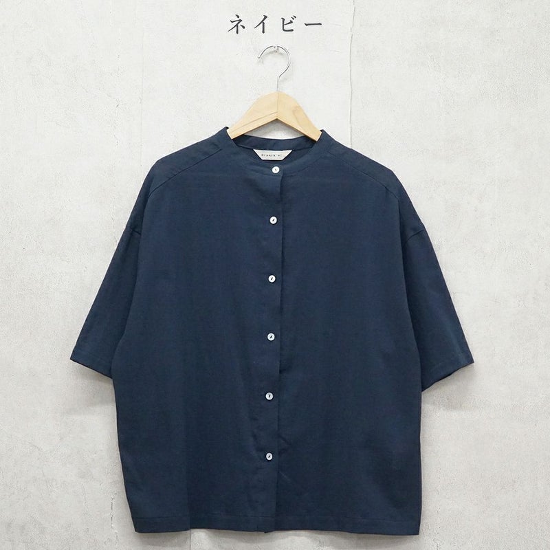 Branch m‘.,ブランチエム,ナチュラル,30代,40代,50代,60代,コットン,綿,ゆったり,ブラウス,コットンブラウス,バンドカラーブラウス,スタンドカラーブラウス,コットンシャツ,シャツ,５分袖,コットンボイルガーゼ,