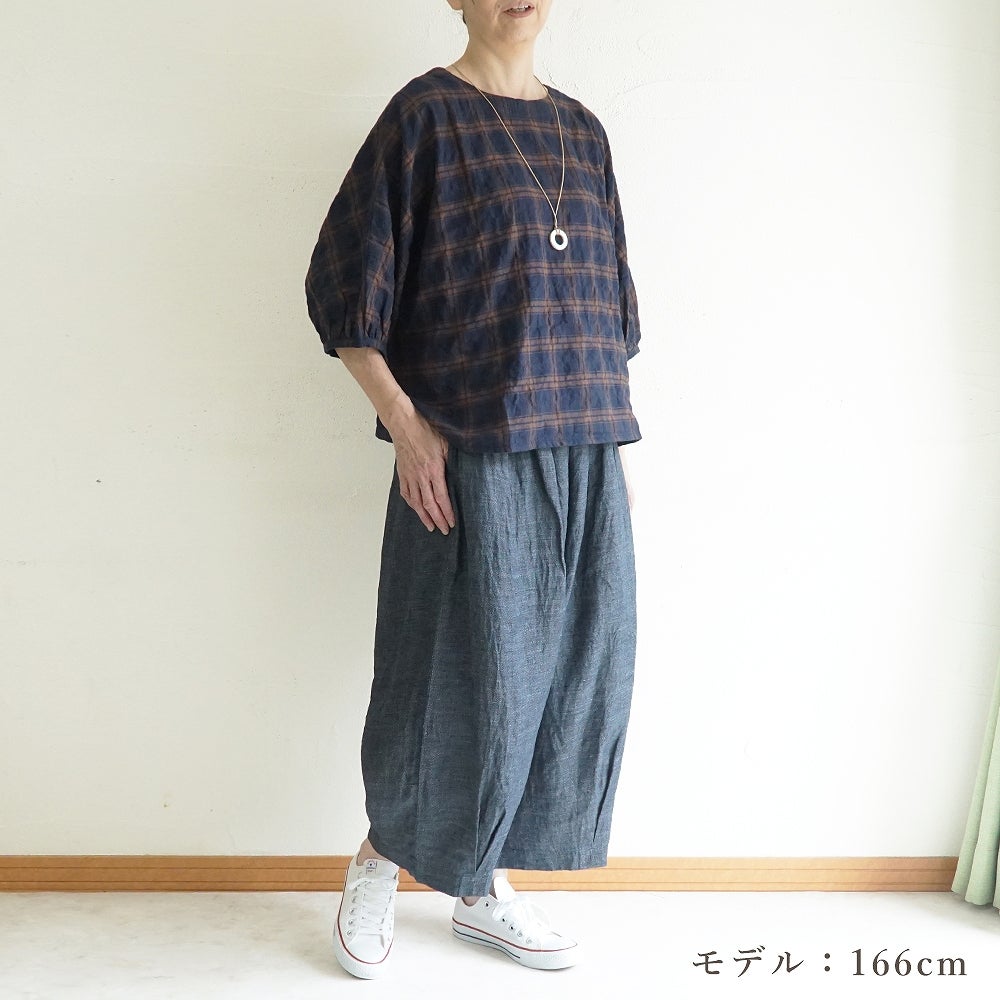 Branch m‘.,ブランチエム,ナチュラル,30代,40代,50代,60代,コットン,ゆったり,綿,チェック,ドルマンブラウス,ドルマンシルエット,チェックブラウス,シャーリングチェック,