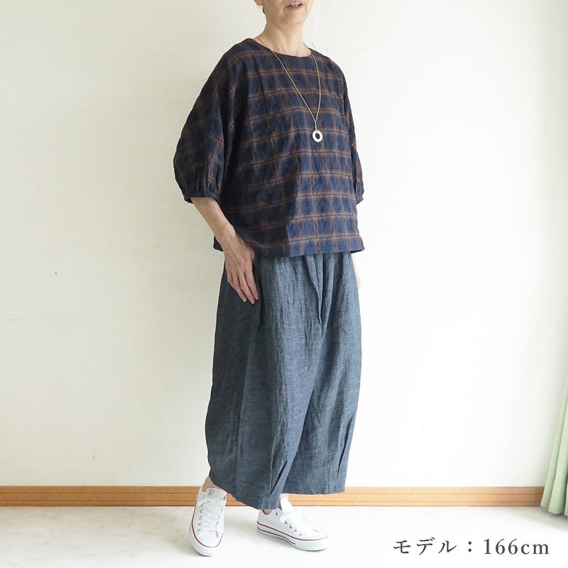 Branch m‘.,ブランチエム,ナチュラル,30代,40代,50代,60代,コットン,ゆったり,綿,チェック,ドルマンブラウス,ドルマンシルエット,チェックブラウス,シャーリングチェック,