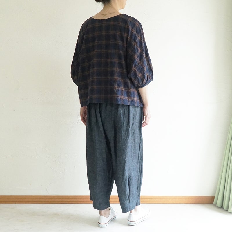 Branch m‘.,ブランチエム,ナチュラル,30代,40代,50代,60代,コットン,ゆったり,綿,チェック,ドルマンブラウス,ドルマンシルエット,チェックブラウス,シャーリングチェック,