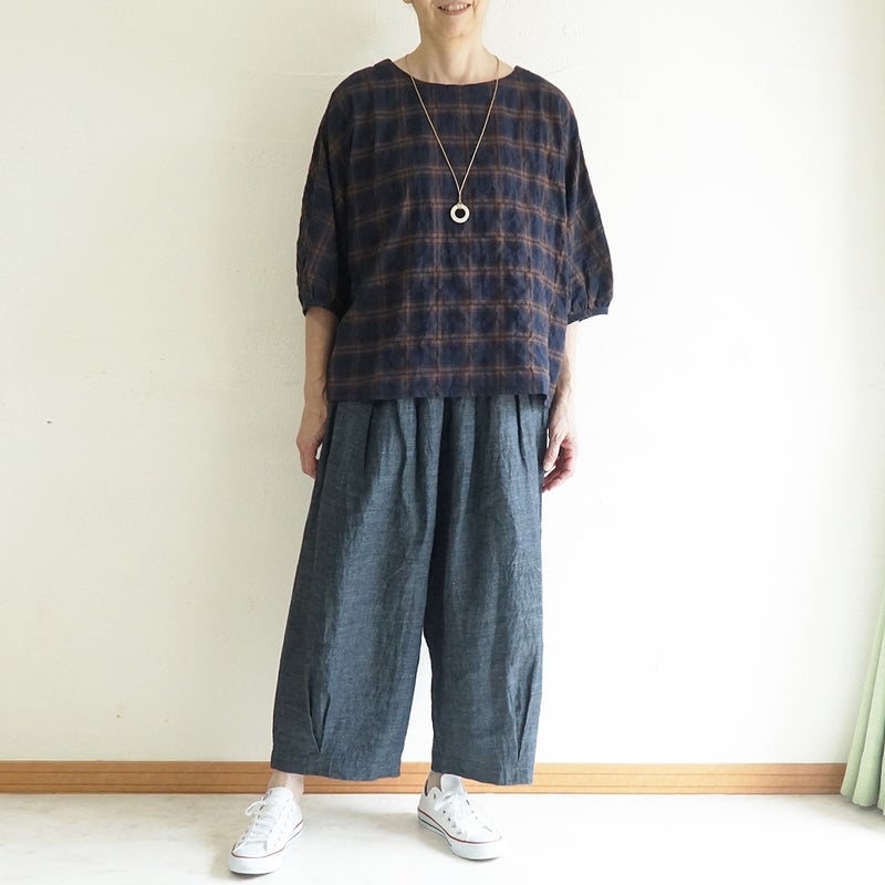 Branch m‘.,ブランチエム,ナチュラル,30代,40代,50代,60代,コットン,ゆったり,綿,チェック,ドルマンブラウス,ドルマンシルエット,チェックブラウス,シャーリングチェック,