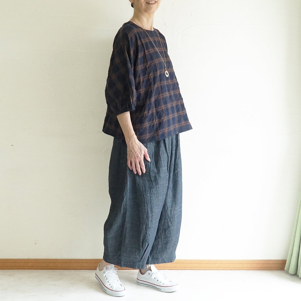 Branch m‘.,ブランチエム,ナチュラル,30代,40代,50代,60代,コットン,ゆったり,綿,チェック,ドルマンブラウス,ドルマンシルエット,チェックブラウス,シャーリングチェック,